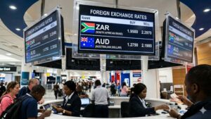Forex board showing ZAR and AUD