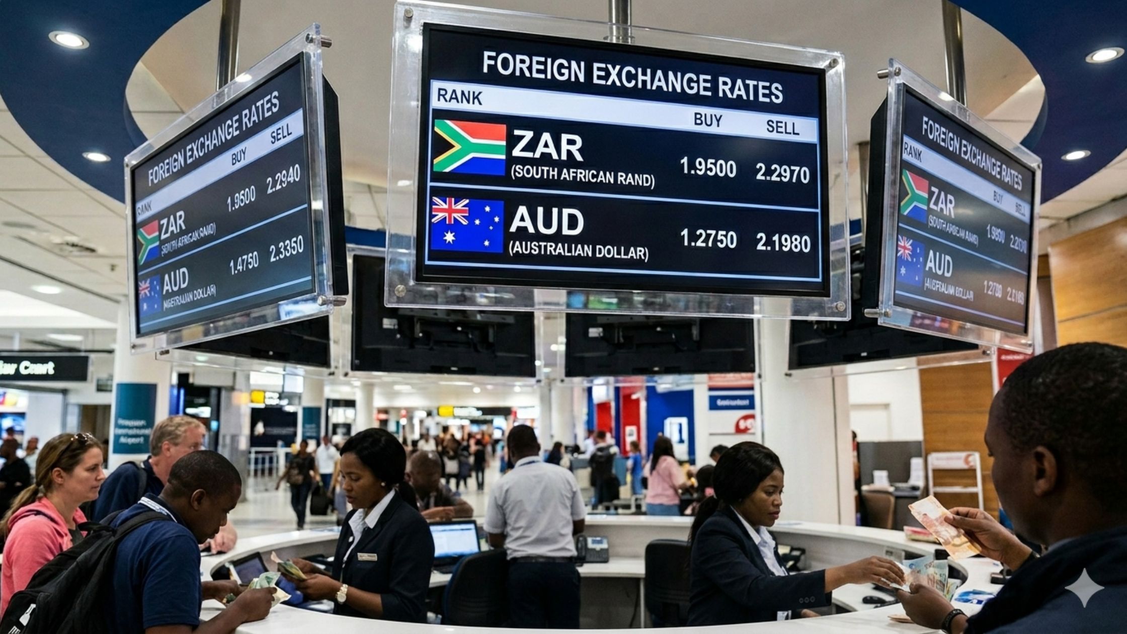 Forex board showing ZAR and AUD